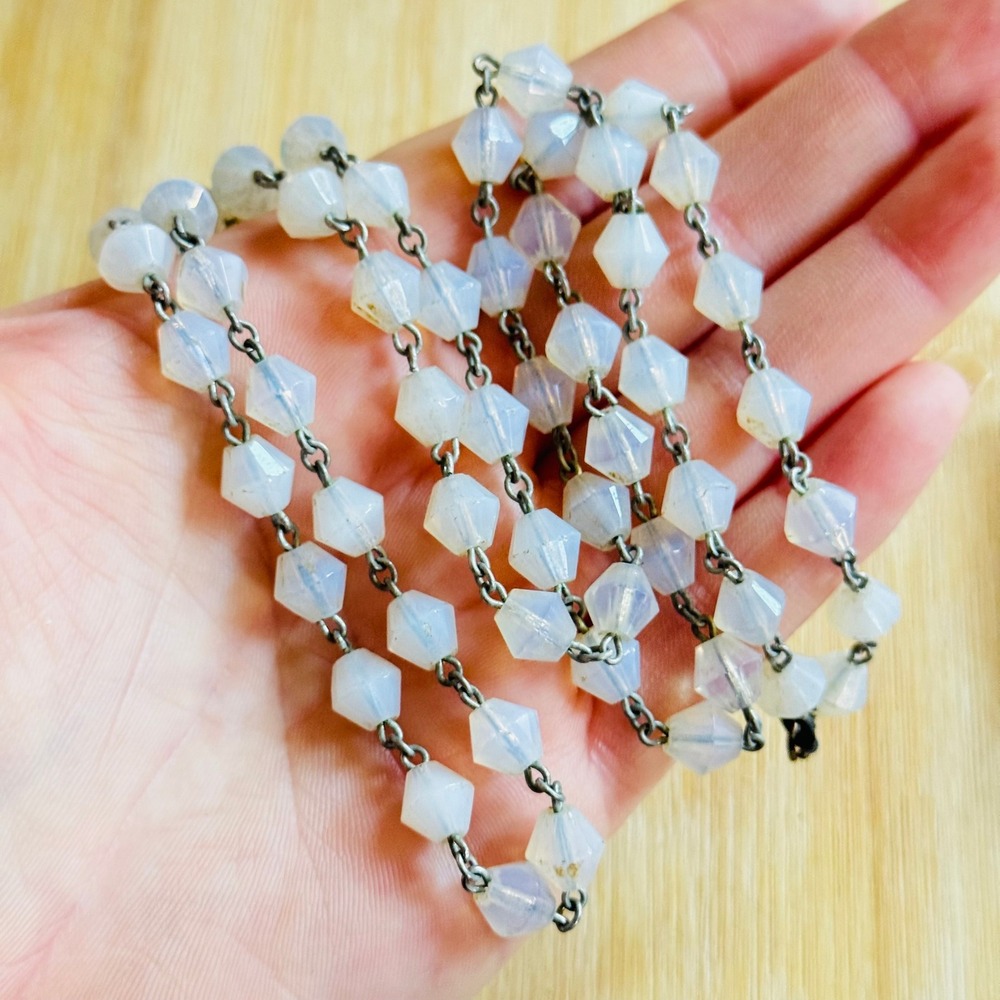 VTG Italian opalite glass faceted bicone beads Necklace Art Deco Italy 32"